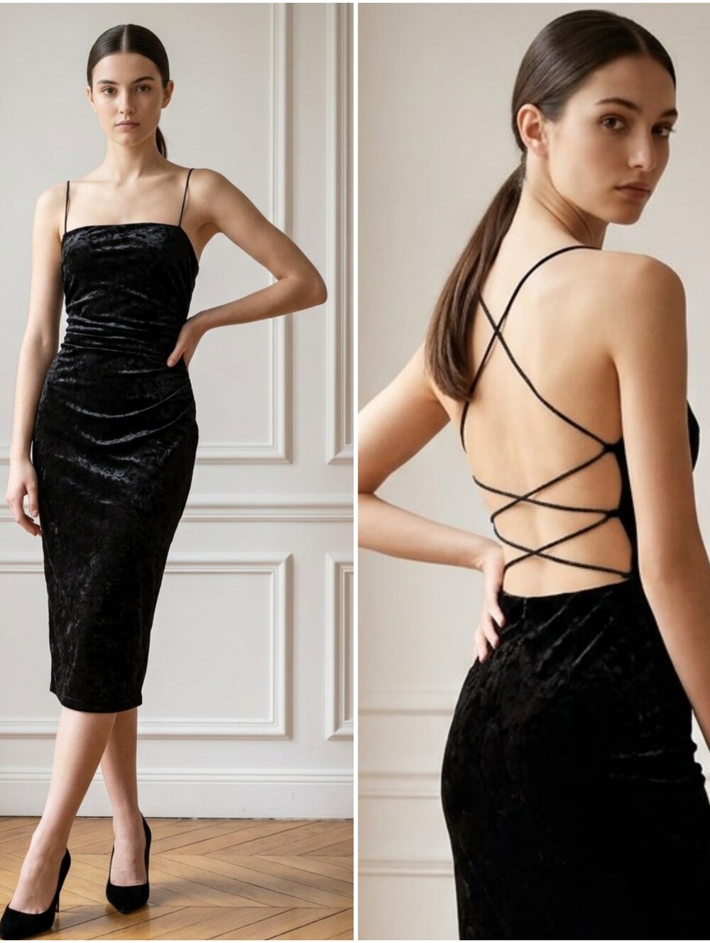 Strappy Sleeveless Black Velvet Velveteen Dress Open Back Pencil Silhouette XL